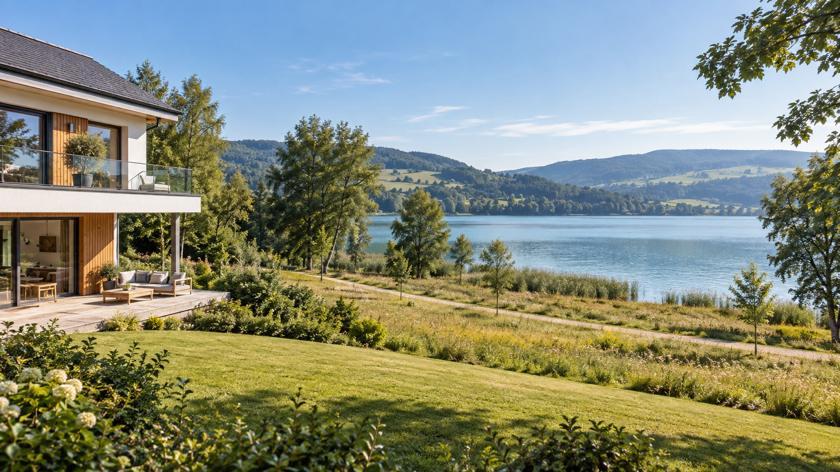 Wohnhaus oberhalb eines Sees mit Wiese und Uferweg