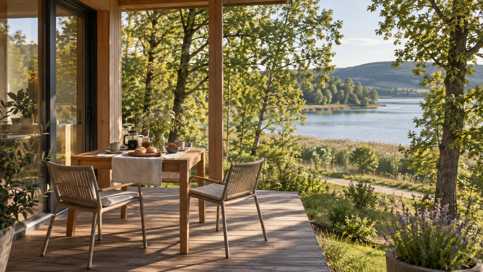 Holzterrasse mit Frühstückstisch und Blick durch Bäume zu einem See